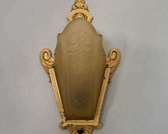 Antique Slip Shade Wall Sconce, 1920's Single Bulb, Heavy Cast Iron, Retouched and Rewired, Moe Bridges, Amber-Honey Vaseline Glass Shade