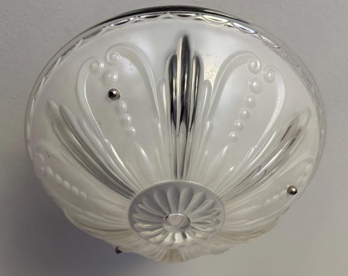 Vintage Lighting 3 Chain Semi Flush Ceiling Light, 1930s White and Clear Glass Bowl, Rewired and Ready to Install