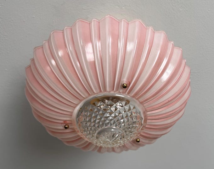 Vintage Lighting 3 Chain Semi Flush Ceiling Light, 1930's White and Pink Deco Glass, Rewired and Ready to Install