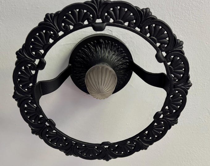 Semi Flush Mount Single Bulb Ceiling Fixture, 1910's Cast Iron, Refinished Charcoal Black, Hallway, Bedroom, Kitchen, Ready to Install