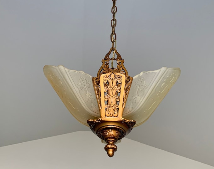 Antique Hanging 3 Bulb Slip Shade Chandelier, 1920's Cast Iron Art Deco, Rewired/Restored, Moe Bridges, Satin Amber Vaseline-Glass Shades