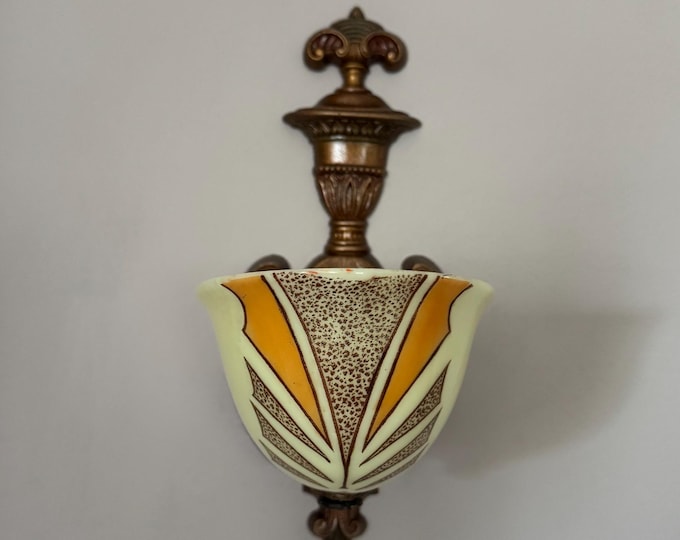 Antique Vaseline and Custard Glass Slip Shade Wall Sconce, 1910's Original Decor, Single Bulb, Rewired and Refinished, Gill Glass