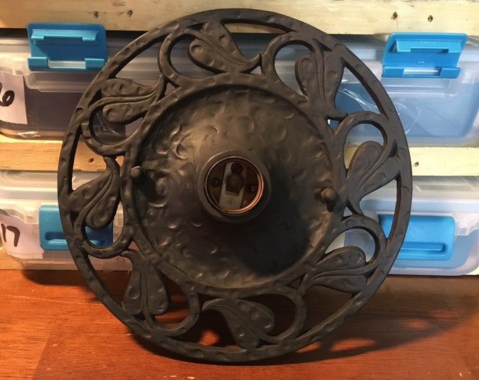 Art Deco Gothic Medieval Hanging 1 Bulb Semi Flush Mount Light Ceiling Fixture, 1910's Cast Iron with Ivy Leaves, Rewired, Charcoal Black