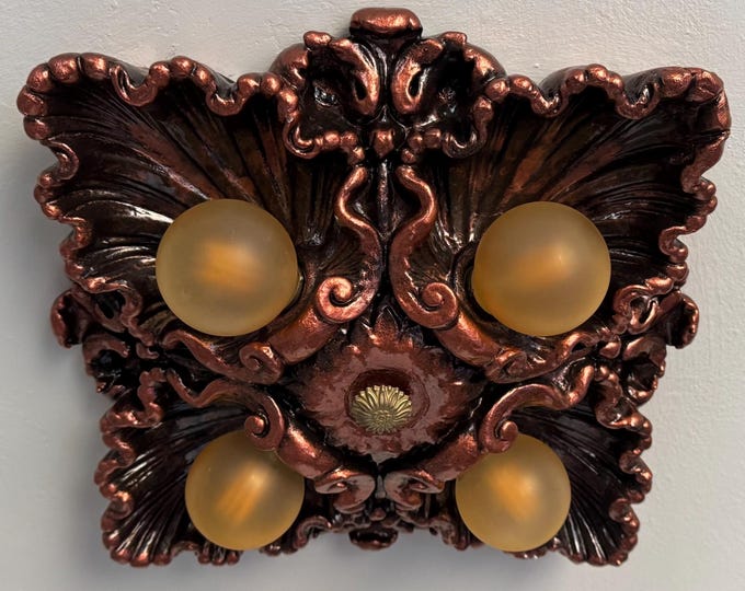 1907 Cast Plaster Flush Mount Light Fixture,  4 Bulb Victorian Clam Shell, Copper Decor, Restored and Ready to Install