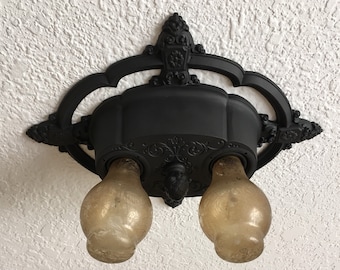 1910's Flush Mount Light Fixture,  Cast Aluminum, Rewired, Charcoal Black, Riddle Company