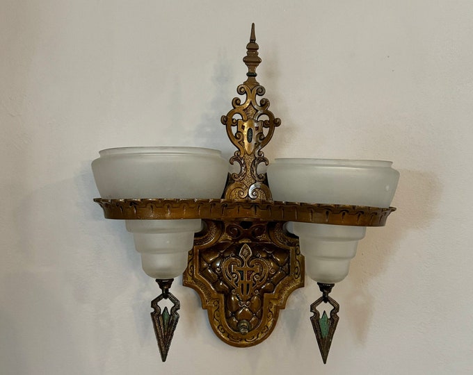 Antique Slip Shade Wall Sconce, 1910's Two Bulb, Retouched/Rewired, Hidden Plugin Receptacle and On/Off Switch, Satin White Glass Shades