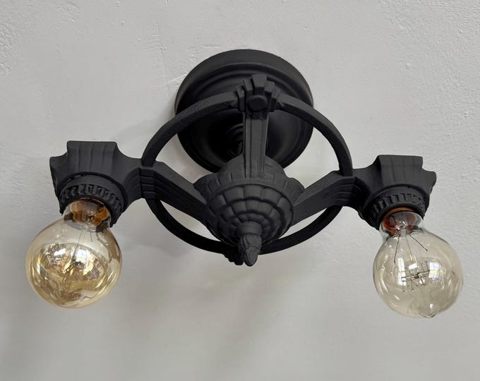 Antique Art Deco Cast Iron Semi-Flush Mount Ceiling Fixture, 1910's Puritan, Refinished Charcoal Black,  Attic, Hallway, Bedroom, Kitchen