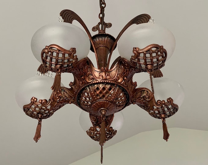 Hanging Gill Glass and Fixture Company Slip Shade Chandelier, Fountain Line Edition, Restored/Rewired, Copper Decor w/ Satin Glass Shades