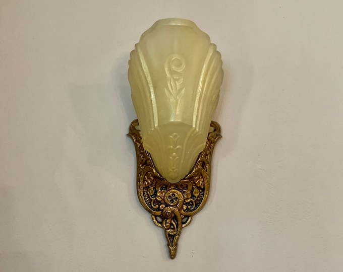 Antique Slip Shade Wall Sconce, 1920's Single Bulb from Australia, Bronze Decor, Rewired/Restored, North American Socket Installed