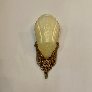 Antique Slip Shade Wall Sconce, 1920&#39;s Single Bulb from Australia, Bronze Decor, Rewired/Restored, North American Socket Installed