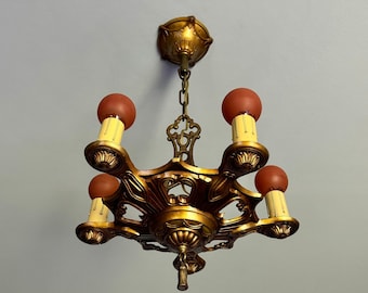 1910's Antique Art Deco Hanging Chandelier 5 Light Fixture, Original Decor Robin's Egg Blue Accents, Restored and Rewired,