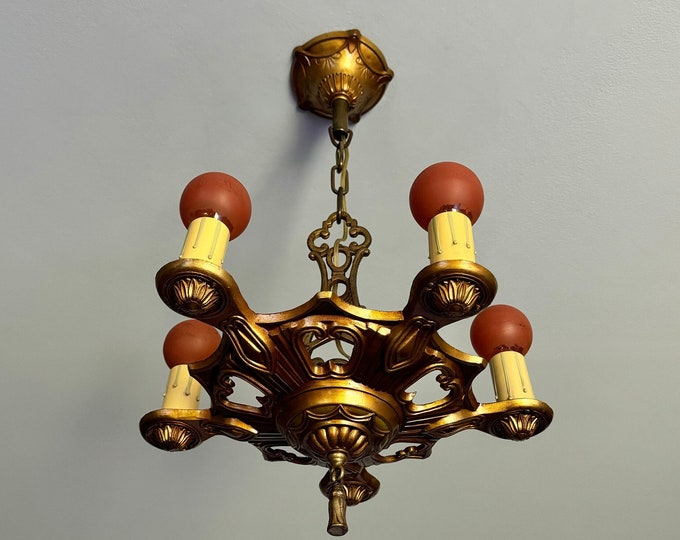 1910's Antique Art Deco Hanging Chandelier 5 Light Fixture, Original Decor Robin's Egg Blue Accents, Restored and Rewired,