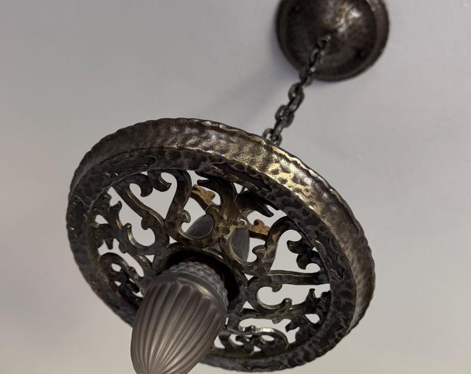 Antique Hanging Single Bulb Ceiling Light, 1907 Cast Iron with Deep Nickel Decor and Gold Accent, Rewired/Ready to Install