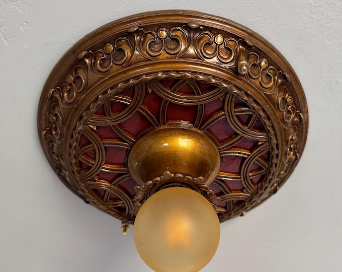 1909 Victorian Single Bulb Flush Mount Ceiling Fixture, Cast Pewter, Original Bronze Decor with Burgundy Rose, Rewired / Ready to Install
