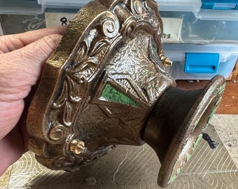 Jadeite and Bronze Flush Mount Ceiling Light, 1920's Heavy Cast Iron, Original Decor, Rewired/Restored/Ready To Install, Lasalle