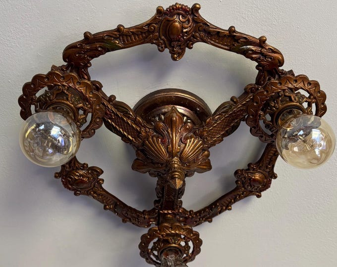 1910's Semi Flush Ceiling Fixture, Antique Lighting, 3 Bulb Original Bronze Decor with Deep Red & Green Accents, Restored / Ready to Install