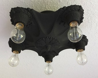 Semi Flush Mount Ceiling Light, 1920's Art Deco Heavy Cast Iron, Markel Web Design, Charcoal Black, Rewired, Short Ceiling