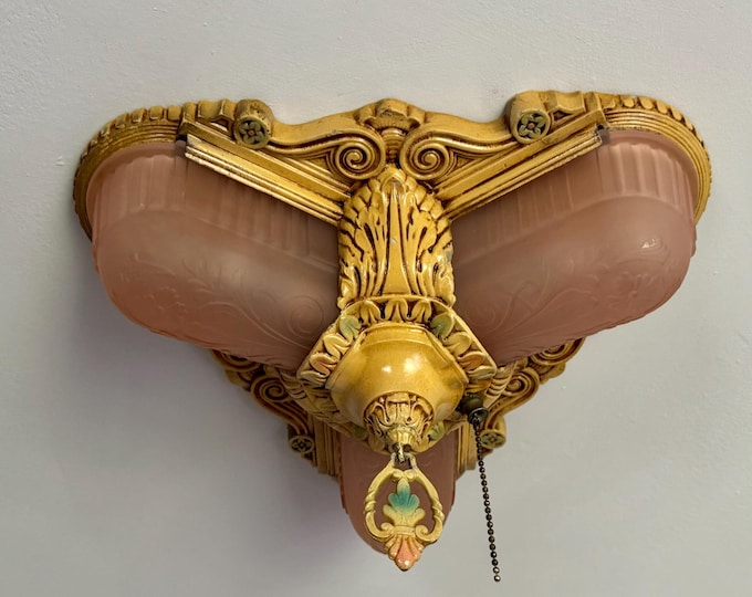 Antique Flush Mount Slip Shade Ceiling Light, 1910s Original Decor with Multi-Decor Accents, Pink Glass, Restored and Ready to Install