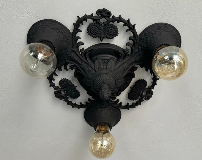 1920's Semi Flush Ceiling Fixture, Antique Lighting, 3 Bulb Rewired and Refinished in Charcoal Black, Shooting Stars and Sunflowers