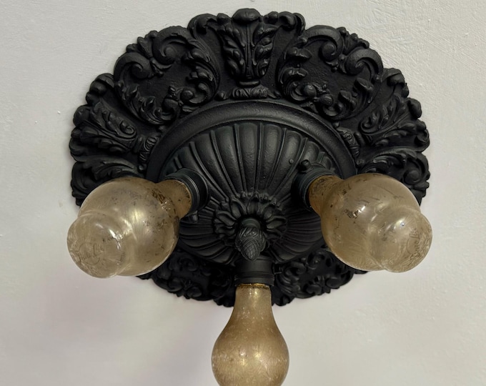 Antique Flush Mount Bulb-Thru-Base Ceiling Light Fixture, Refinished Charcoal Black, 1909 Moe Bridges, Restored and Ready to Install
