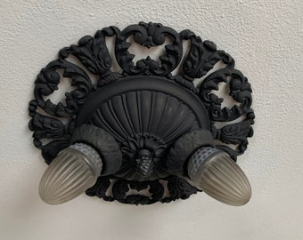 Farmhouse Flush Mount Bulb-Thru-Base Ceiling Light Fixture, Refinished Charcoal Black, 1910's Cast Iron, Ready to Install, Moe Bridges