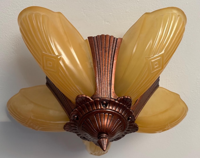 1907 Antique Semi-Flush Slip Shade Ceiling Light, 5 Bulb Art Deco, Restored/Rewired, Original Deep Copper-Bronze Decor, Ready to Install
