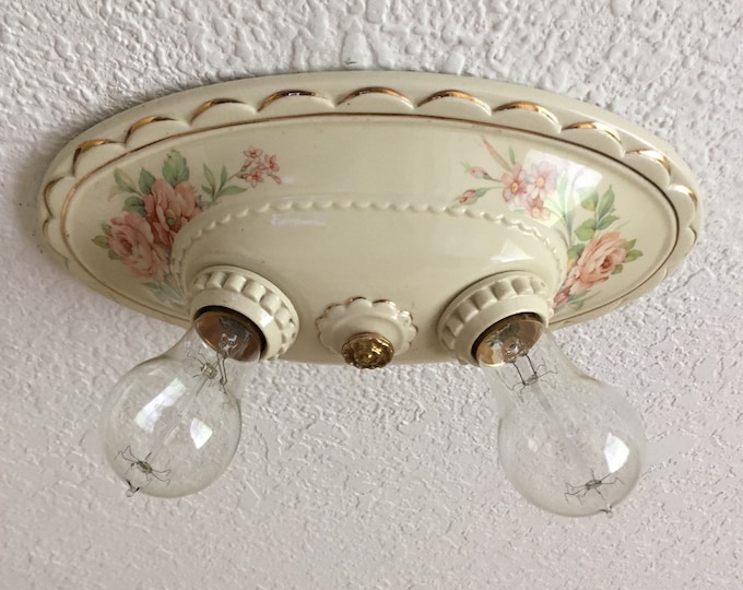Antique Farmhouse Flush Mount Ceiling Fixture, Two Light Porcelain, Rewired, 1930's Porcelier