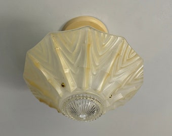 Antique 3 Chain Semi Flush Ceiling Light, 1930's Amber-Beige Art Deco, Rewired and Ready to Install
