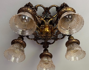 1909 Antique 5 Bulb Semi-Flush Mount Chandelier, 1909 Heavy Cast Brass with Golden Glass Shades, Rewired/ Restored and Ready to Install