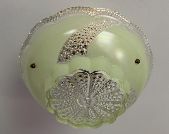 Vintage Lighting 3 Chain Semi Flush Ceiling Light, 1930's Art Deco Green and Clear Glass Bowl, Ready to Install