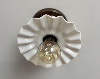 1930's Semi-Flush Milk Glass Ceiling Light Fixture, Petite with Bronzed Mounting Hardware, Ready to Install