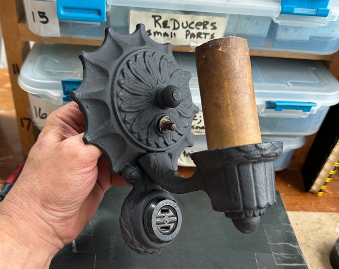 Art Deco Wall Sconce, 1910's Cast Iron with Plug-In Receptacle, Ready to Install, Markel