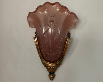 Rare Slip Shade Wall Sconce with Lavender Glass Shades, 1910's, Restored/Rewired, Patina on Bronze