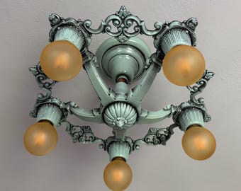 Farmhouse Semi Flush Mount Light Fixture, 1920's Riddle Company, Refinished Robin Egg Blue