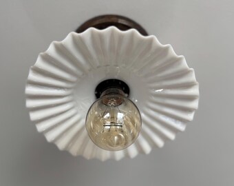 1930's Semi-Flush Milk Glass Ceiling Light Fixture, Petite with Bronzed Mounting Hardware, Ready to Install