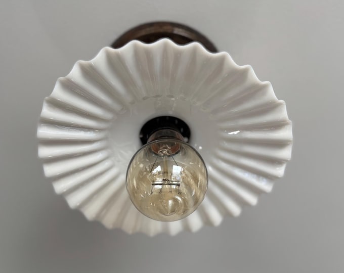 1930's Semi-Flush Milk Glass Ceiling Light Fixture, Petite with Bronzed Mounting Hardware, Ready to Install