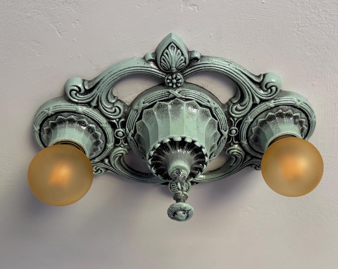 Farmhouse Flush Mount Light Fixture, 1910's Cast Iron Two Bulb, Refinished Robin Egg Blue, Ready to Install