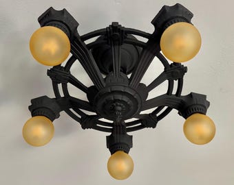 Antique Art Deco Cast Iron Semi-Flush Mount Ceiling Fixture, 1910's Puritan, Refinished Charcoal Black, Bedroom, Kitchen, Ready to Install
