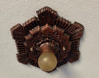 Flush Mount Single Bulb Ceiling Light Fixture, 1910's Cast Aluminum Starburst Pattern, Refinished Original Copper Decor , J.D. Virden