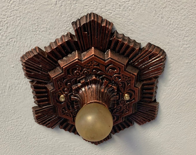 Flush Mount Single Bulb Ceiling Light Fixture, 1910's Cast Aluminum Starburst Pattern, Refinished Original Copper Decor , J.D. Virden