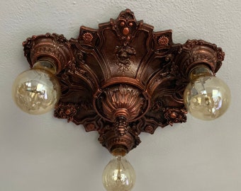 Flush Mount Ceiling Light, 1910's Cast Metal, Art Nouveau with Barbolla Roses, Refinished Copper Decor, Rewired, Made by Lightolier