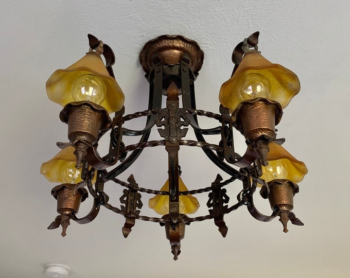 1907 Semi Flush Slip Shade Ceiling Light, 5 Bulb Spanish Revival with Glass Smoke-bells, Restored/Rewired, Deep Bronze, Ready to Install