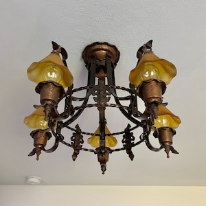 1907 Semi Flush Slip Shade Ceiling Light, 5 Bulb Spanish Revival with Glass Smoke-bells, Restored/Rewired, Deep Bronze, Ready to Install