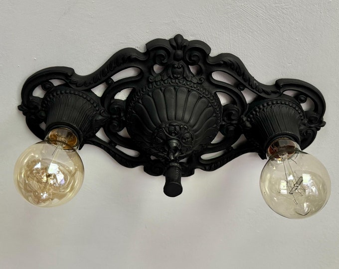 Flush Mount Light Fixture, 1927 Heavy Cast Iron, Rewired/Refinished Charcoal Black, Cast Metal, Markel Electric