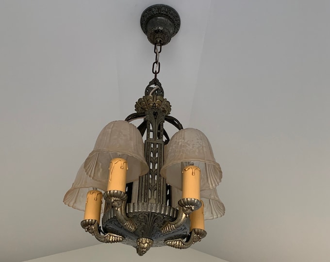 Hanging Riddle Company Slip Shade Chandelier Ceiling Fixture, 1910's Cast Aluminum, Restored/Rewired, Original Decor, High Ceilings