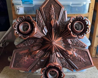 Antique Heavy Cast Iron Flush Mount Ceiling Fixture, 1920's Art Deco, Hand Painted 4 Shades of Copper Decor, Restored and Ready to Install