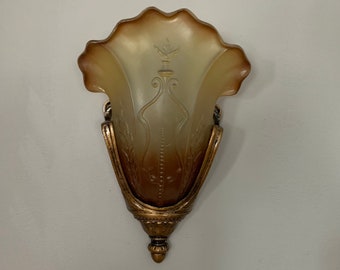 Slip Shade Wall Sconce with Two-Tone Glass Shades, 1910's, Restored/Rewired, Patina on Bronze