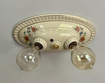 Antique Farmhouse Flush Mount Ceiling Fixture, Two Light Porcelain, Rewired, 1930's Porcelier