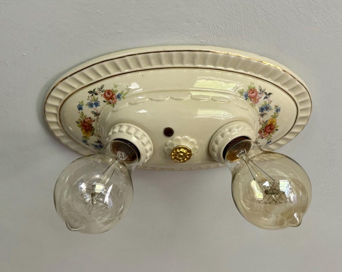Antique Farmhouse Flush Mount Ceiling Fixture, Two Light Porcelain, Rewired, 1930's Porcelier