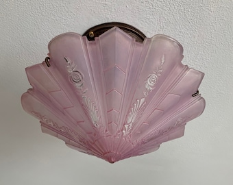 Antique Semi Flush Slip Shade Ceiling Light, Consolidated, Lavender with Barbola Roses,1920's,  Rewired and Ready to Install